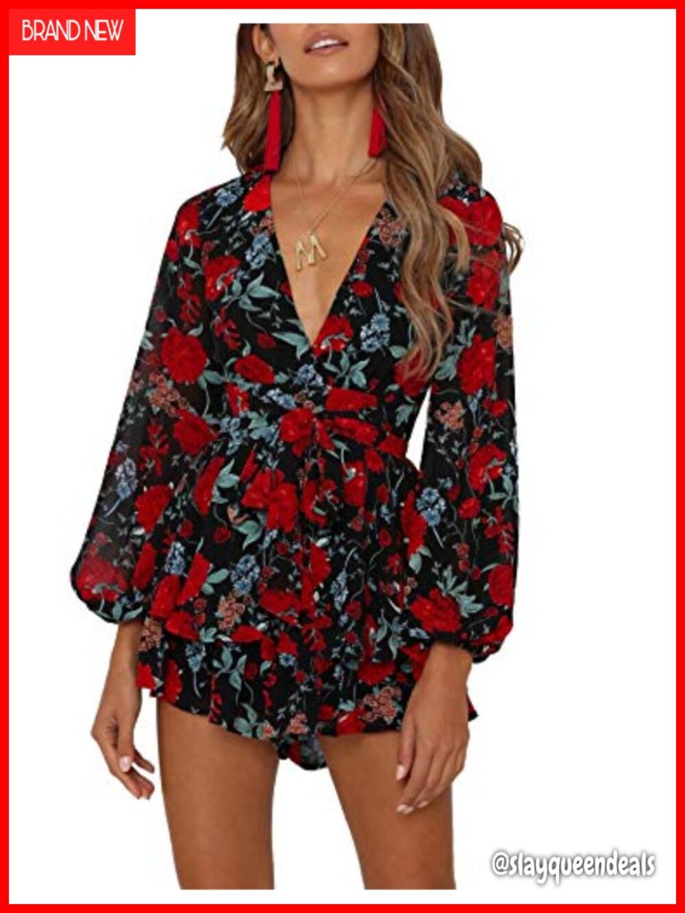 AIMCOO Women's Floral Print Deep V-Neck Romper Double Layer Ruffle Hem Long